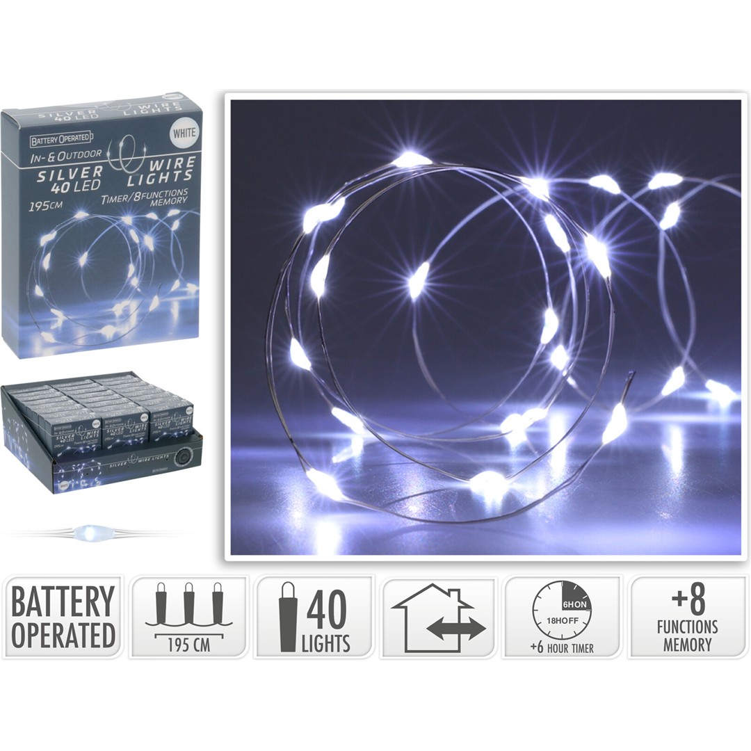 69726 8720573662512 AX9730710 filo micro led a batteria da esterno 195cm bianco freddo con timer 40 luci di natale cavo argento ip44 8 giochi