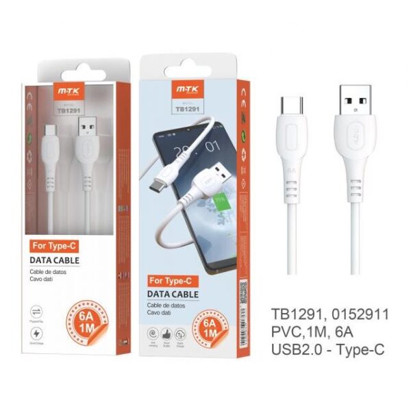 70812 8435606754514 70707 CAVO DATI RICARICABATTERIA USB 2.0 A MICRO USB 1M OUTPUT 6A MODEL TB1291 COLOR BIANCO