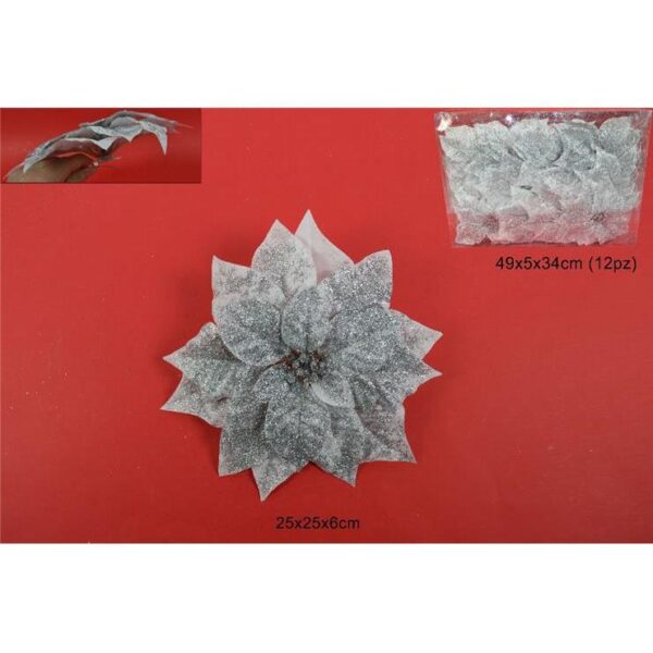 71632 8033113393266 GI006027B ADDOBBO CON CLIP FIORE NATALIZIO POINSETTIA Ø25CM SILVER