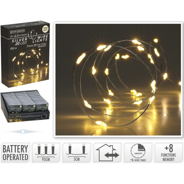 71767 8720573666220 AX9731700 filo micro led a batteria da esterno 95cm bianco caldo con timer 20 luci di natale cavo argento ip44 8 giochi