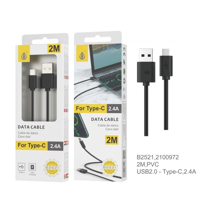 74718 8433772168906 2100972 cavo dati ricaricabatteria usb 2.0 a type-c 2m output 2,4a nero