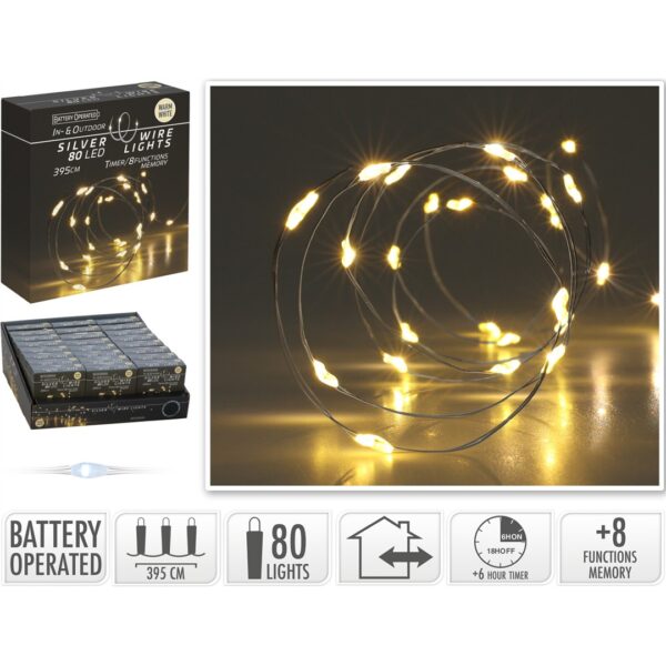 74952 8720573666305 AX9731720 filo micro led a batteria da esterno 395cm bianco caldo con timer 80 luci di natale cavo argento ip44 8 giochi