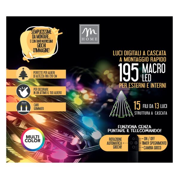 77189 8034052761468 X-MERCURY tenda digitale luci di natale cascata 195 macroled rgb cavo verde 15fili da 13luci con giochi di luce