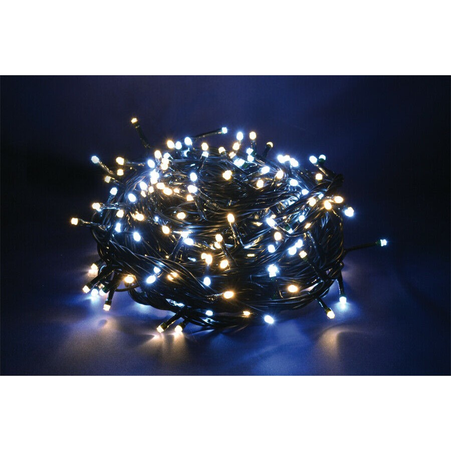 78435 8019959694644 EL-74337BCF ►catena led 50m 1000 luci di natale bianco f e bianco c da esterno cavo verde con spina ip44 cavo 5m 8 giochi