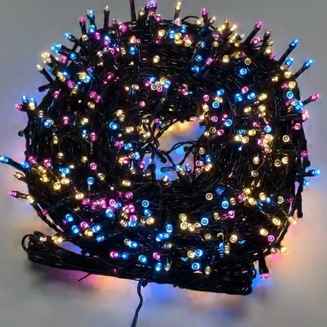 78438 8019959693210 EL-74337MF ►catena led 50m 1000 luci di natale azzu/rosa/bianco caldo da esterno con spina ip44 cavo 5m verde 8 giochi
