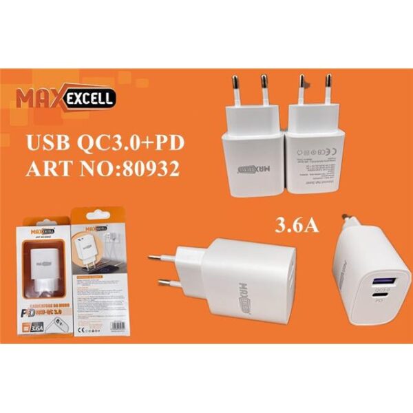78750 8068688809324 80932 CARICATORE PER CELLULARE 220V INGRESSO PD 18W 3.6A & USB 3.0