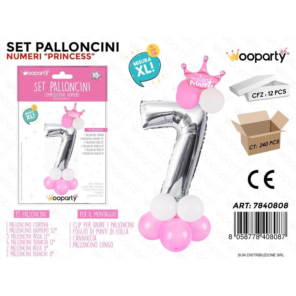 79638 8058778408087 7840808 palloncini composizione set 15pz argento numero princess 7