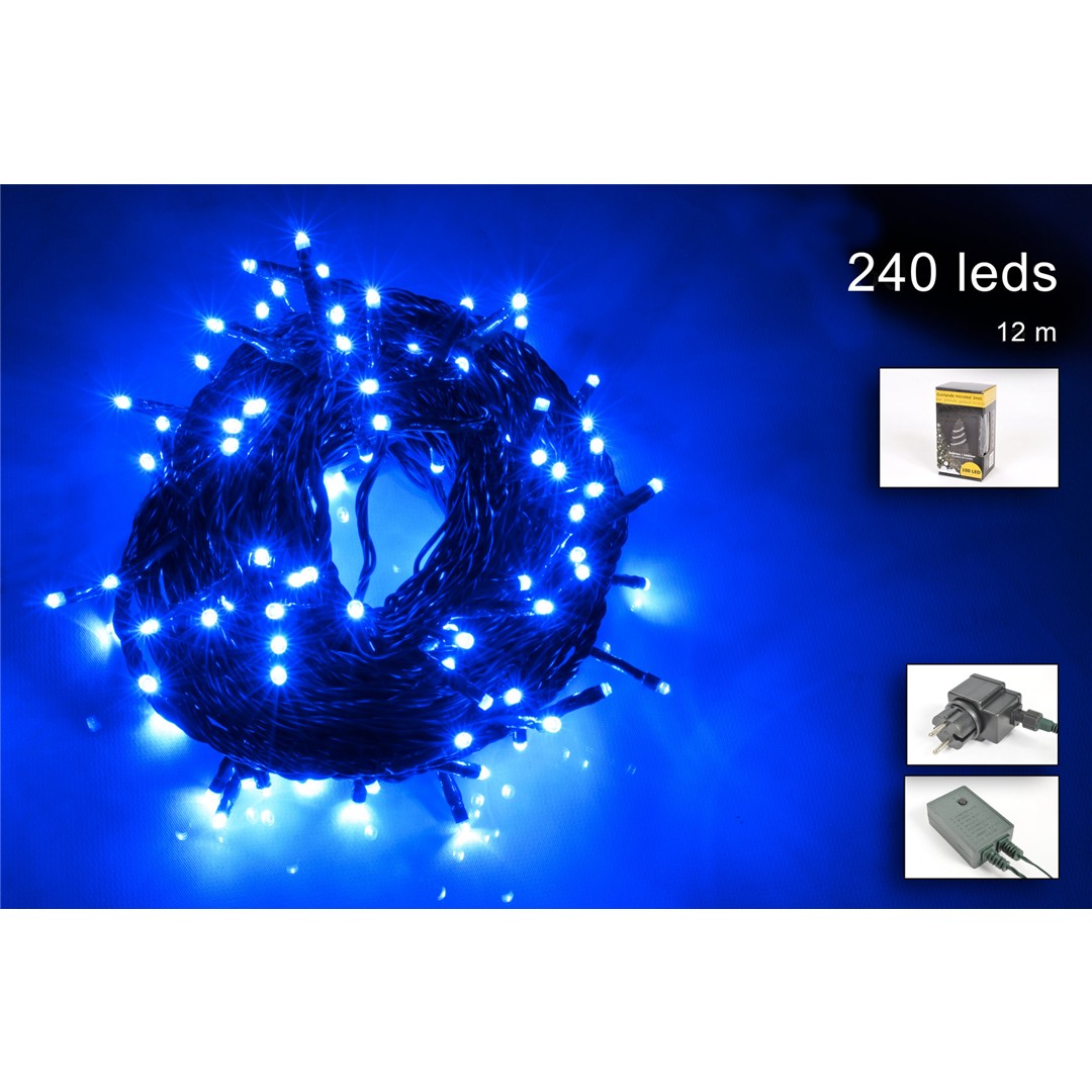 83490 3120370645438 64543 catena led 12m 240 luci di natale blu con spina ip44 cavo 3m trasp 8 giochi
