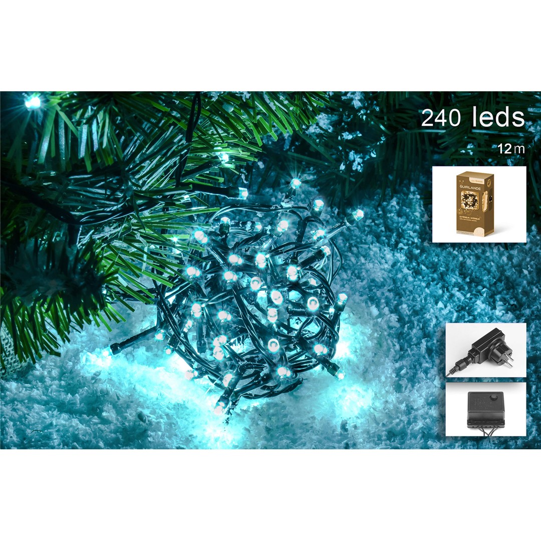 83505 3120370632728 63272 catena led 12m 240 luci di natale blu ghiaghgio con spina ip44 cavo 3m trasp 8 giochi