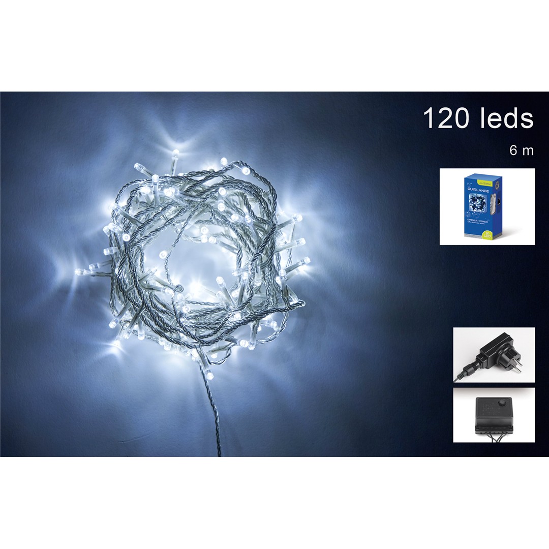 83513 3120370452524 45252 CP catena led 6m 120 luci di natale bianco freddo con spina ip44 cavo 3m trasp 8 giochi