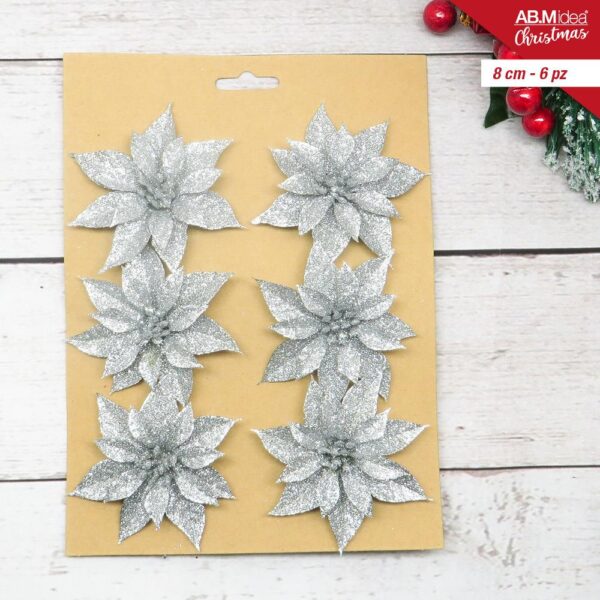 83592 8050767644018 HX959522 FIORE IN PLASTICA STELLA DI NATALE 8CM 6PZ SILVER