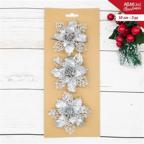 83594 8050767644070 HX959528 FIORE IN PLASTICA STELLA DI NATALE 10CM 3PZ SILVER