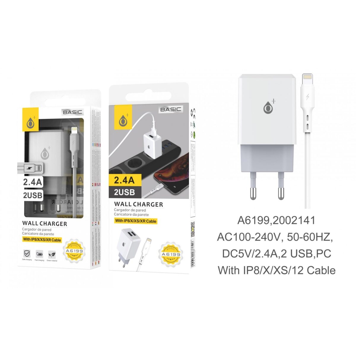 86711 8944870161992 2002141 ONE CARICABATTERIA PER CELLULARE 220V OUTPUT 2USB 2.4A & 2.4A CON CAVO IPHONE LIGHTNING COLOR BIANCO