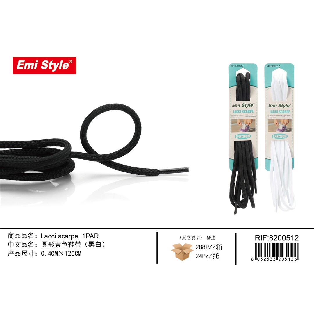 86933 8052533205126 8200512 EMI lacci scarpe tondi 120cm 2pz nero bianco