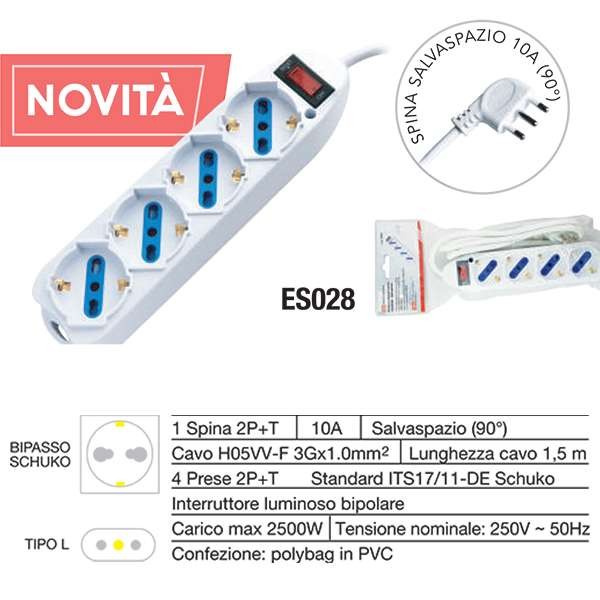 87006 8016818108878 ES097 multipresa 220v spina 10a cavo 1.5mt con interruttore 4 prese bipasso/schuko con interruttore