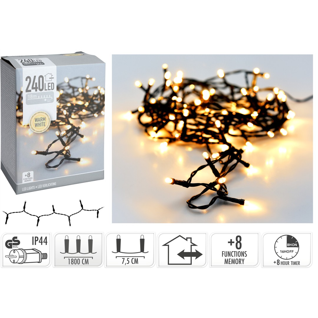 91685 8720573257985 AX8451140 catena led ax84 18m 240 luci di natale bianco caldo outdoor&indoor con spina ip44 cavo 5m verde 8 giochi