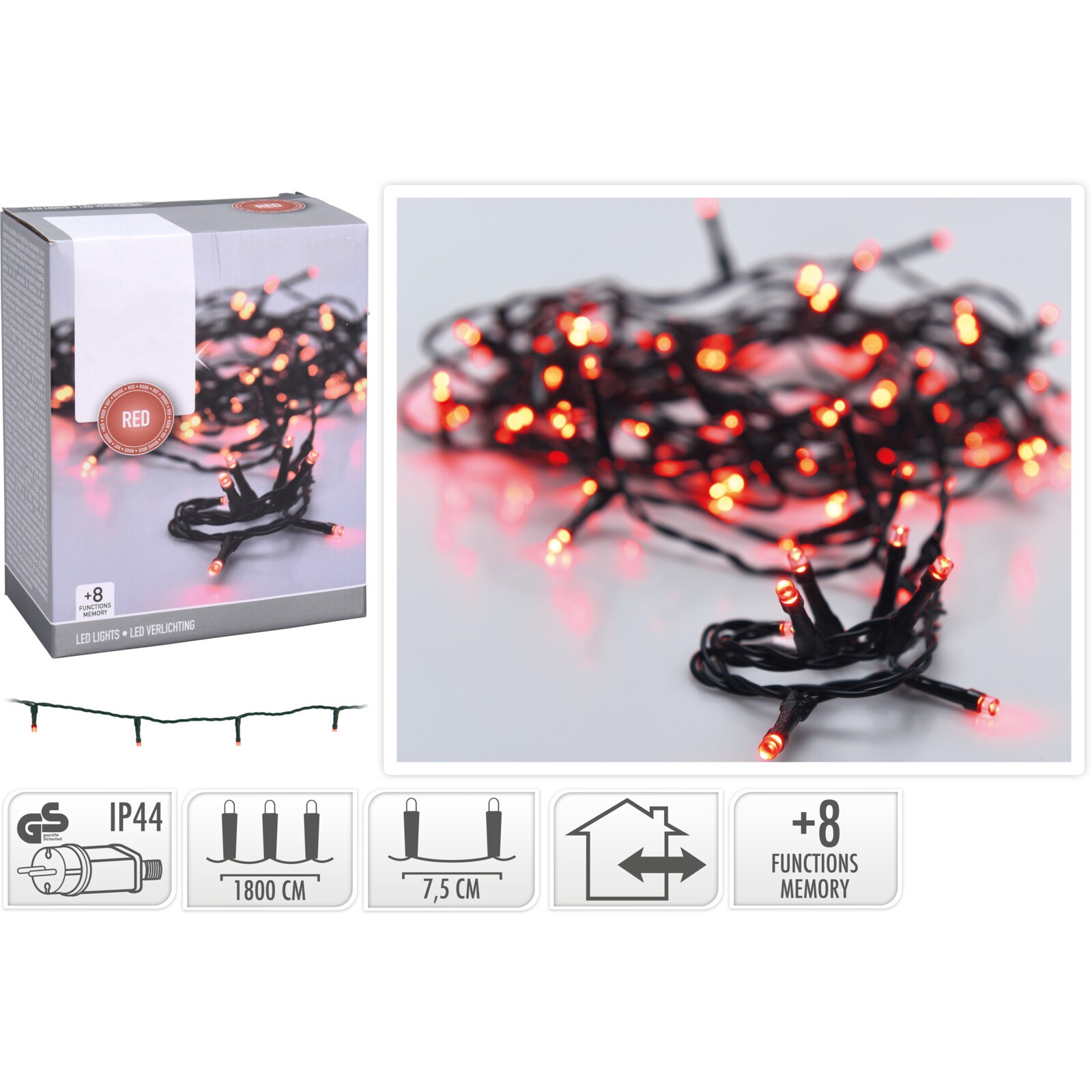 91698 8720573258555 AX8412540 catena led ax84 18m 240 luci di natale rosso outdoor&indoor con spina ip44 cavo 5m verde 8 giochi