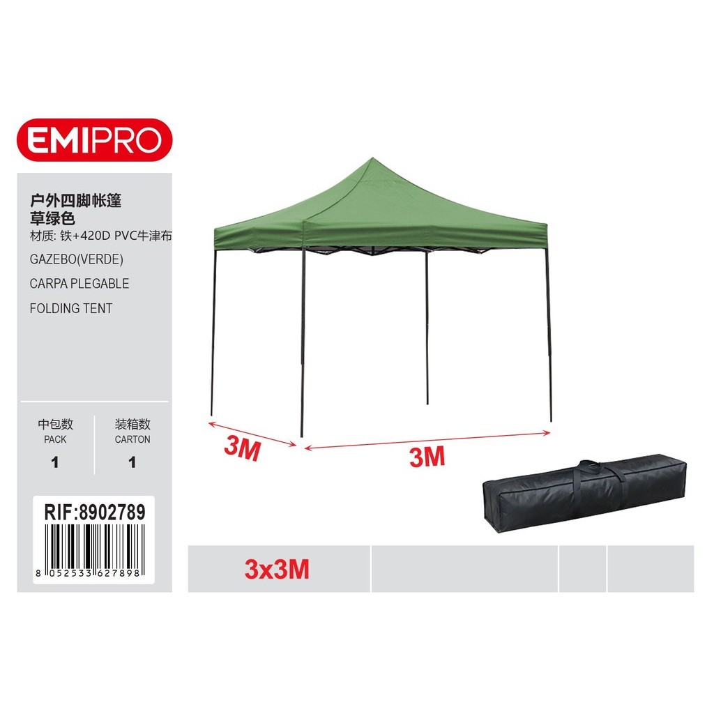 91773 8052533627898 8902789 EMI gazebo pieghevole 3x3m h250cm verde
